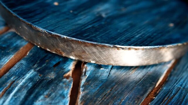 Close view of metal disc resting on textured surface in workshop during daylight