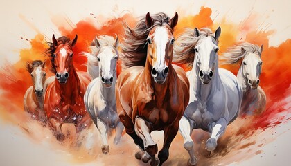 seven majestic horses six white and one brown gallop amidst a vibrant orange and red watercolor splash