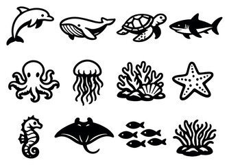 Ocean Marine Life in outline style: dolphin, whale, sea turtle, shark, octopus, jellyfish, coral reef, starfish, seahorse, manta ray, school of fish, sea. Vector icons