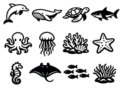 Ocean Marine Life in outline style: dolphin, whale, sea turtle, shark, octopus, jellyfish, coral reef, starfish, seahorse, manta ray, school of fish, sea. Vector icons