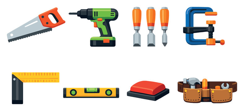 Woodworking tools and equipment in flat style: hand saw, power drill, chisel set, clamp tool, carpenter square, level tool, sanding block, tool belt. Vector icons