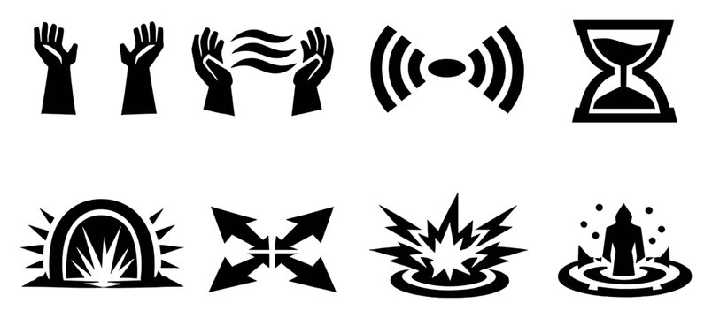 Invocation and calling actions in bold style: raised arms, incantation waves, resonance lines, timing glyph, portal opening arc, convergence arrows, power surge. Vector icons