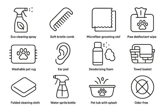 Hygiene spray paw icon towel foam pet icons vector deodorizing spritz bristle