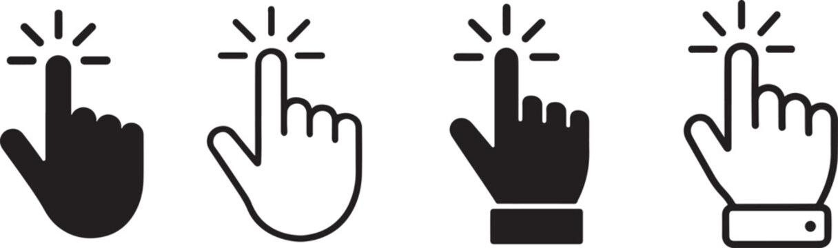 Hand click icon set with clean vector symbols for cursor, tap, touch actions in apps, web and UI