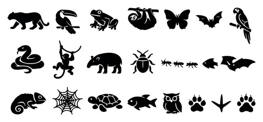 Obraz premium Rainforest Wildlife Fauna in outline style: jaguar silhouette, toucan bird, tree frog, sloth hanging, butterfly, macaw parrot, snake coiled, monkey swinging. Vector icons