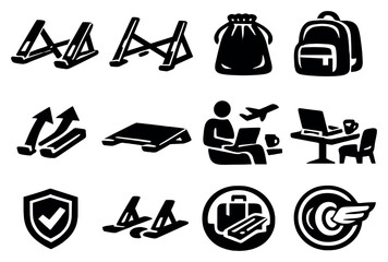 Portable and travel friendly laptop stands in bold style: compact foldable stand, lightweight frame, travel pouch, backpack carry icon, quick setup arrows, slim. Vector icons