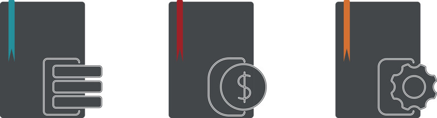 Bank securities with dollars and coins, technical office documentation with settings. Bookmarks for notebooks and financial reports.