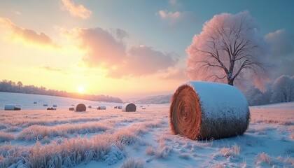 Snow covers rural fields with round hay bales. Frosty grass and bare trees form serene winter landscape at sunrise. Calm morning light glows on horizon.
