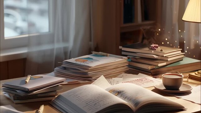 Stack of Books on Desk with Warm Ambient Lighting