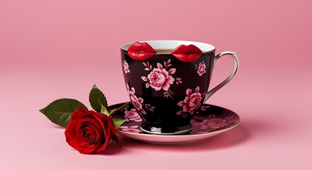 Black teacup with pink floral and red lipstick marks on rim with red rose on saucer