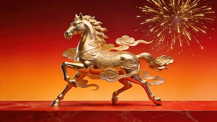 Golden Steed Galloping with Auspicious Clouds and Fireworks for 2026 Year of the Horse