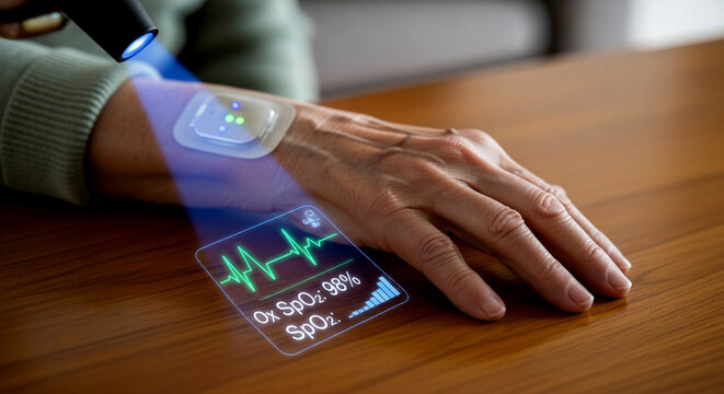 Person wearing smartwatch with health metrics display on wooden table with virtual interface
