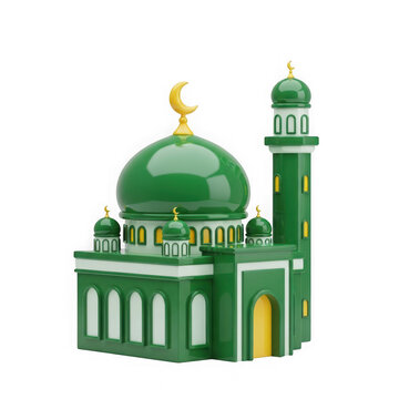 3d rendered green mosque with golden dome and crescent