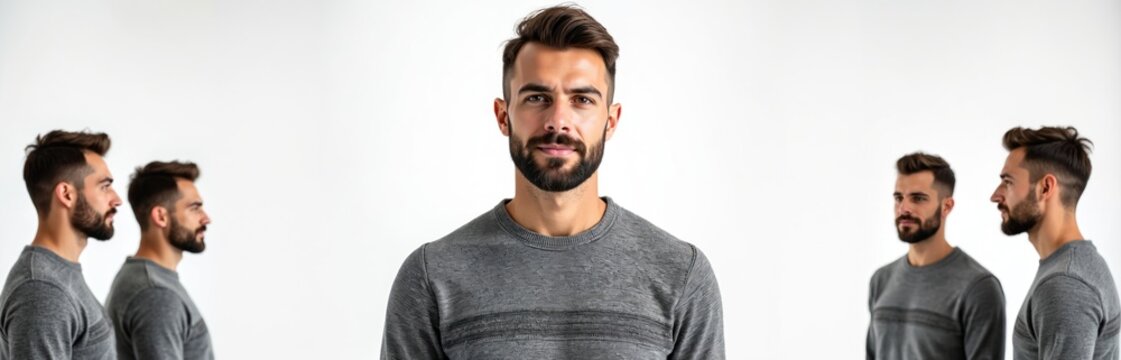 Collage shows handsome young man from different angles. He wears grey sweater and has beard. Male model poses for studio photo with white background and copy space.