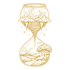 Hourglass with a whimsical landscape inside, featuring moon, clouds and stars vector illustration
