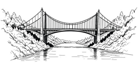 Obraz premium Suspension bridge over water between rocky shores, architectural design, travel.