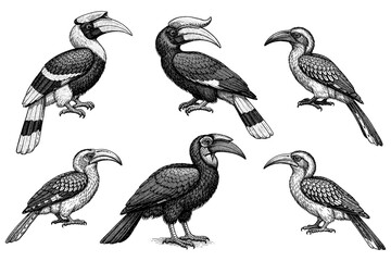 Obraz premium Detailed illustrations of exotic hornbills in varied poses and perspectives