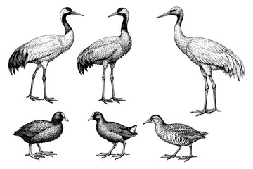 Fototapeta premium Intricate illustrations of cranes and moorhens in detailed black and white