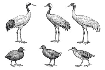 Fototapeta premium Detailed illustrations of diverse bird species: cranes, coots, snipe