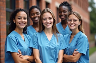 Fototapeta premium Diverse group of young women in blue scrubs smile together. Medical students ready for hospital work. Future nurses collaborate, showing team spirit and care.