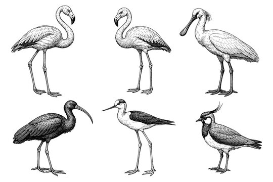 Vintage illustrations of flamingos, spoonbill, ibis, avocet, lapwing birds - monochrome wildlife art