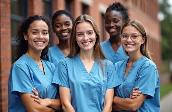 Diverse group of young women in blue scrubs smile together. Medical students ready for hospital work. Future nurses collaborate, showing team spirit and care.