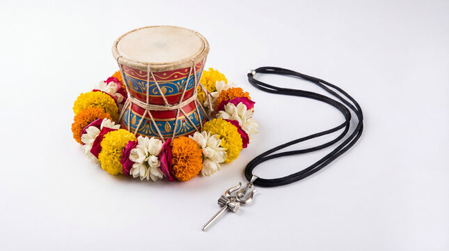 Traditional Hindu ritual objects for Lord Shiva on a white background. A colorful damaru drum encircled by a marigold flower garland with a silver trishula trident pendant.