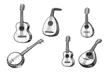 Naklejka premium Collection of vintage string instruments: guitar, lute, banjo, mandolin, ukulele sketches