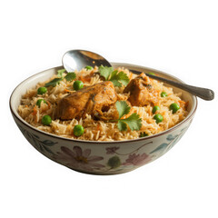 Fototapeta premium Delicious chicken biryani in a decorative bowl isolated on white background