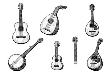 Naklejka premium Variety of string instruments including guitar, lute, and banjo illustrations