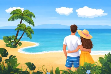 Peaceful tropical beach scene with couple standing back view facing ocean palm trees calm summer vacation illustration background landscape