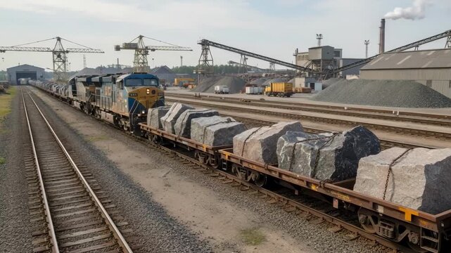 Medium shot of a train loaded with granite blocks moving through an industrial rail yard showcasing efficient bulk transport in mining logistics.
