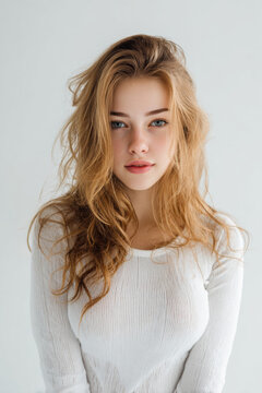 Minimalist Studio Portrait of Young Woman with Natural Beauty and Soft Light