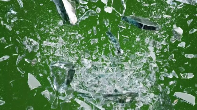 Shattering Glass Pieces Flying With Sharp Fragments On Green Screen Background For Cinematic Visual Effects