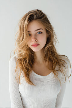 Minimalist Studio Portrait of Young Woman with Natural Beauty and Soft Light