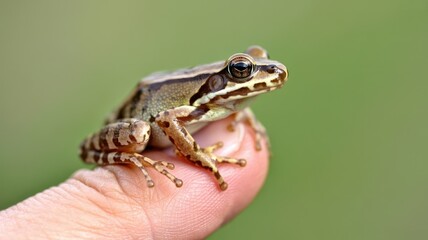 Obraz premium Tiny frog perched on human fingertip in nature
