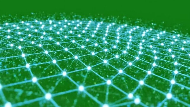Glowing Digital Network Grid With Connected Light Points On Green Screen Background For Futuristic Visual Effects