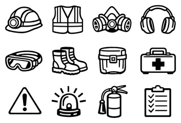 Miner Safety and Protection in outline style: hard hat, reflective vest, respirator mask, ear protection, safety goggles, steel toe boots, self rescuer, first. Vector icons