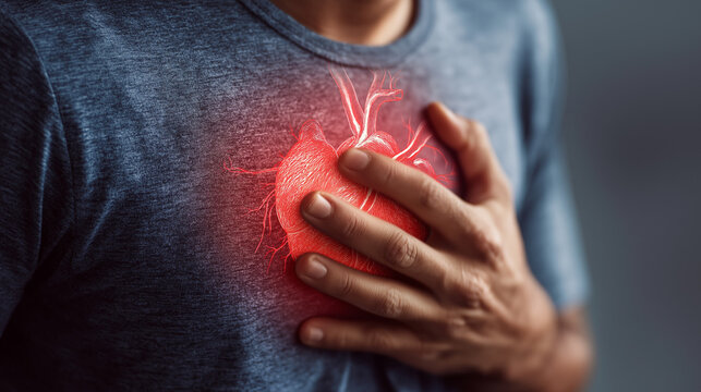 Man Experiencing Chest Pain Holding His Heart, Concept of Heart Attack, Cardiovascular Disease, Medical Emergency, Health Care, Cardiology, Stress and Human Anatomy Illustration