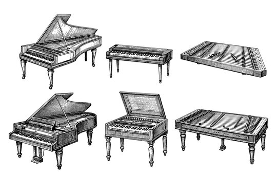 Collection of vintage keyboard instruments: grand piano, upright, and dulcimer sketches