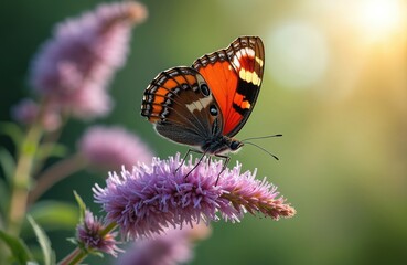 Peacock butterfly rests on pink flower in warm summer light. Insect has vibrant orange and brown wings with eye spots. Macro view shows intricate details of butterfly and plant.