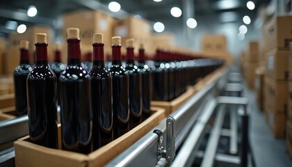 Obraz premium Red wine bottles move on automated conveyor belt in warehouse. Automated packaging line fills cardboard boxes with bottled alcoholic beverages. Factory interior with logistics and production.