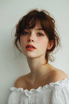 Minimalist Studio Portrait of Young Woman with Natural Beauty and Soft Light
