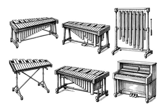 Variety of percussion instruments including marimba and tubular bells