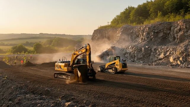 Medium shot showing specialized machinery smoothing soil and reshaping rock surfaces in a quarry rehabilitation project.