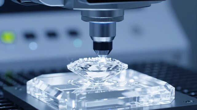 Diamond Inspection Under Microscope - A large, clear diamond is being examined under a precision microscope.