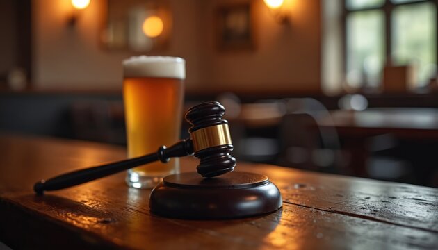 Judge gavel and beer glass on bar table. Symbolic concept for legal issues related to alcohol consumption and social responsibility in nightlife.