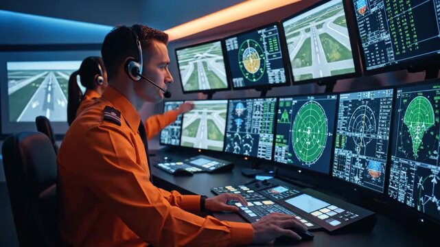 Air Traffic Control Center Operation - Two air traffic controllers wearing headsets and uniforms are working at a modern control center, monitoring multiple screens displaying radar data, runway