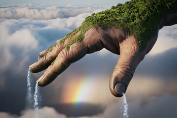 Naklejka premium Nature's nurturing hand with lush greenery above clouds and rainbow