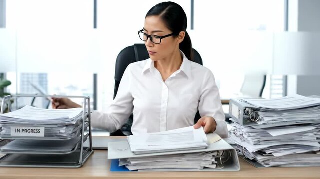 Focused Businesswoman Reviewing Documents - A serious-looking Asian businesswoman wearing glasses sits at her desk, reviewing a document in one hand and holding a tablet in the other.